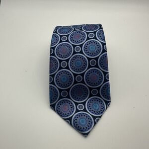 Ermenegildo Zegna 100% Silk Tie Blue Medallion Circle Pattern Luxury Italy